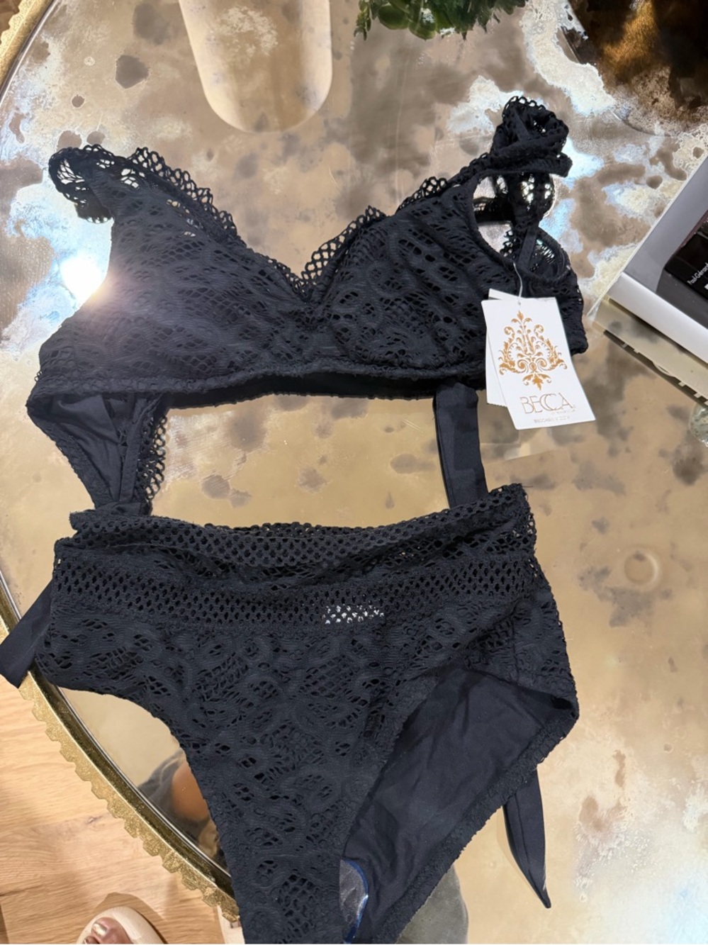 Becca VirtueeBlack Crochet Lace Bralette & High-Waist Bikini Set size small